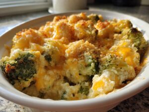 Close-up of a bubbling broccoli cheese casserole, featuring tender broccoli florets, creamy cheese sauce, and a golden breadcrumb topping.