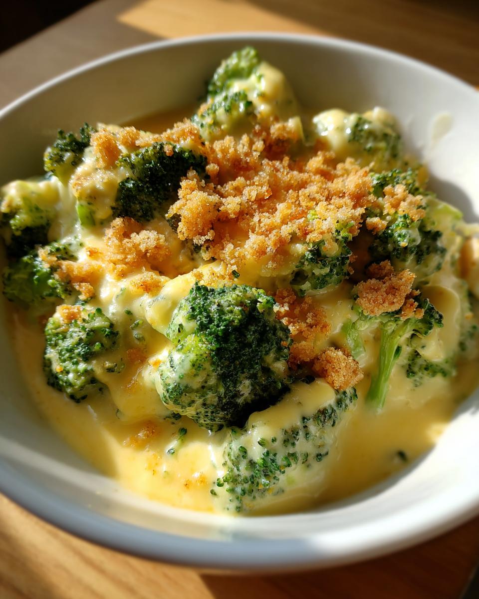 Close-up of a creamy broccoli cheese casserole topped with breadcrumbs in a white bowl.