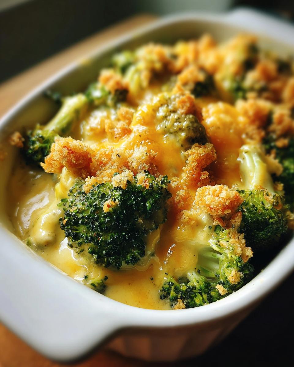 Close-up of a creamy broccoli cheese casserole topped with golden cheese and breadcrumbs.