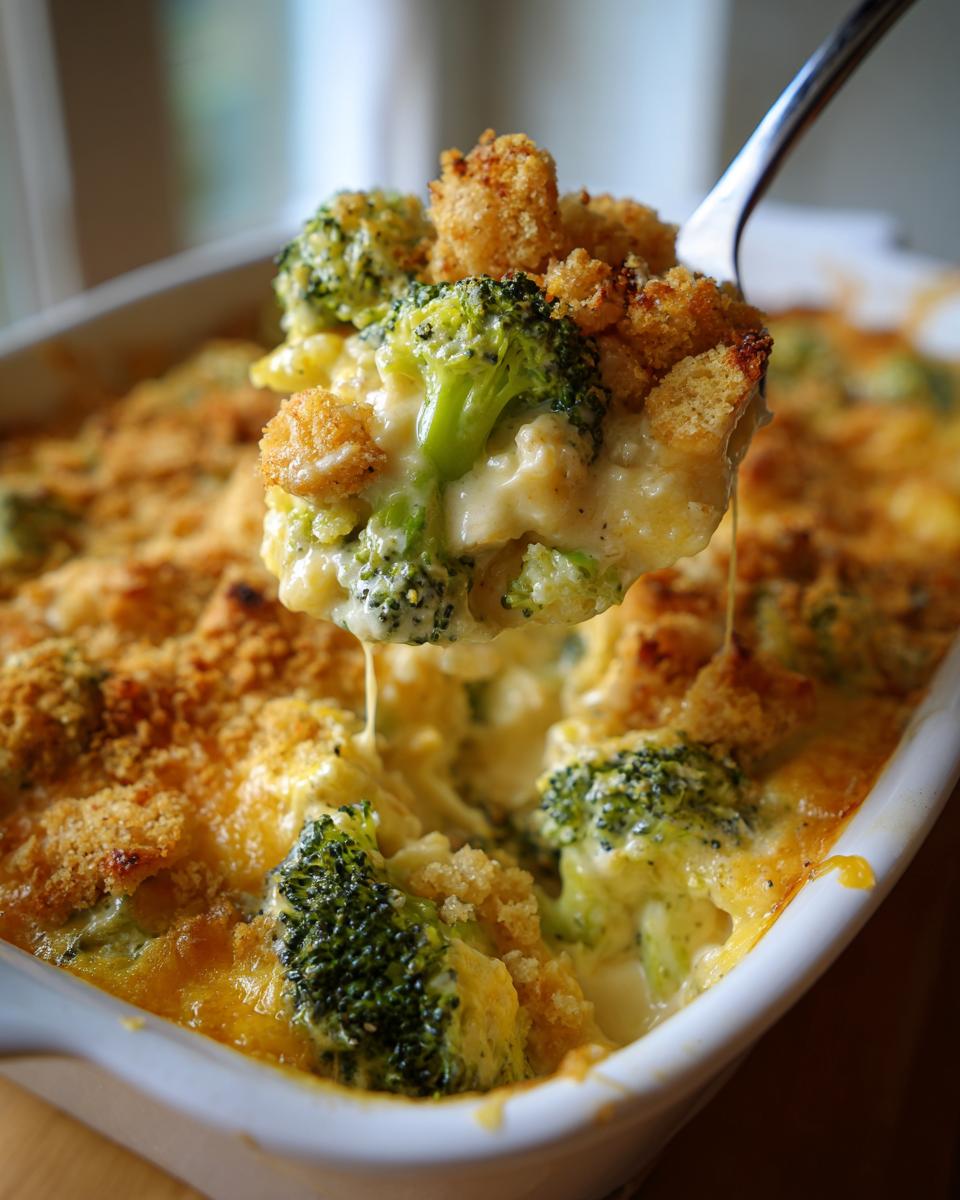 A fork lifting a serving of creamy broccoli cheese casserole, showing tender broccoli florets and a golden breadcrumb topping.