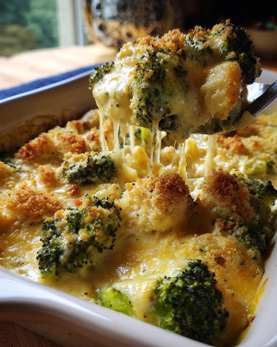 A serving spoon lifting a portion of cheesy broccoli casserole, showing melted cheese strings and a golden breadcrumb topping.