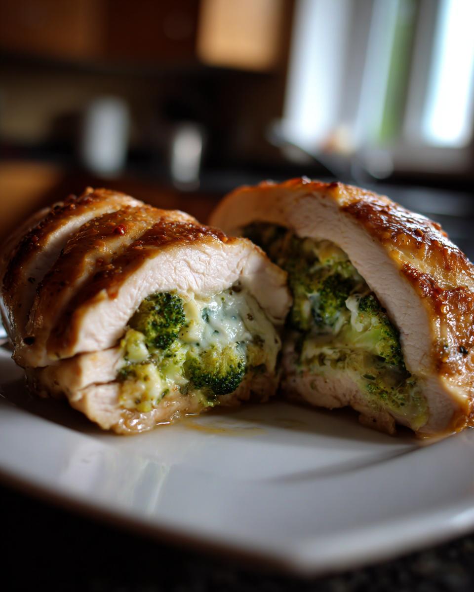 A close-up of a sliced broccoli cheese stuffed chicken breast, revealing melted cheese and broccoli inside.