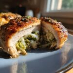 A close-up of broccoli cheese stuffed chicken, cut in half to reveal melted cheese and broccoli inside.