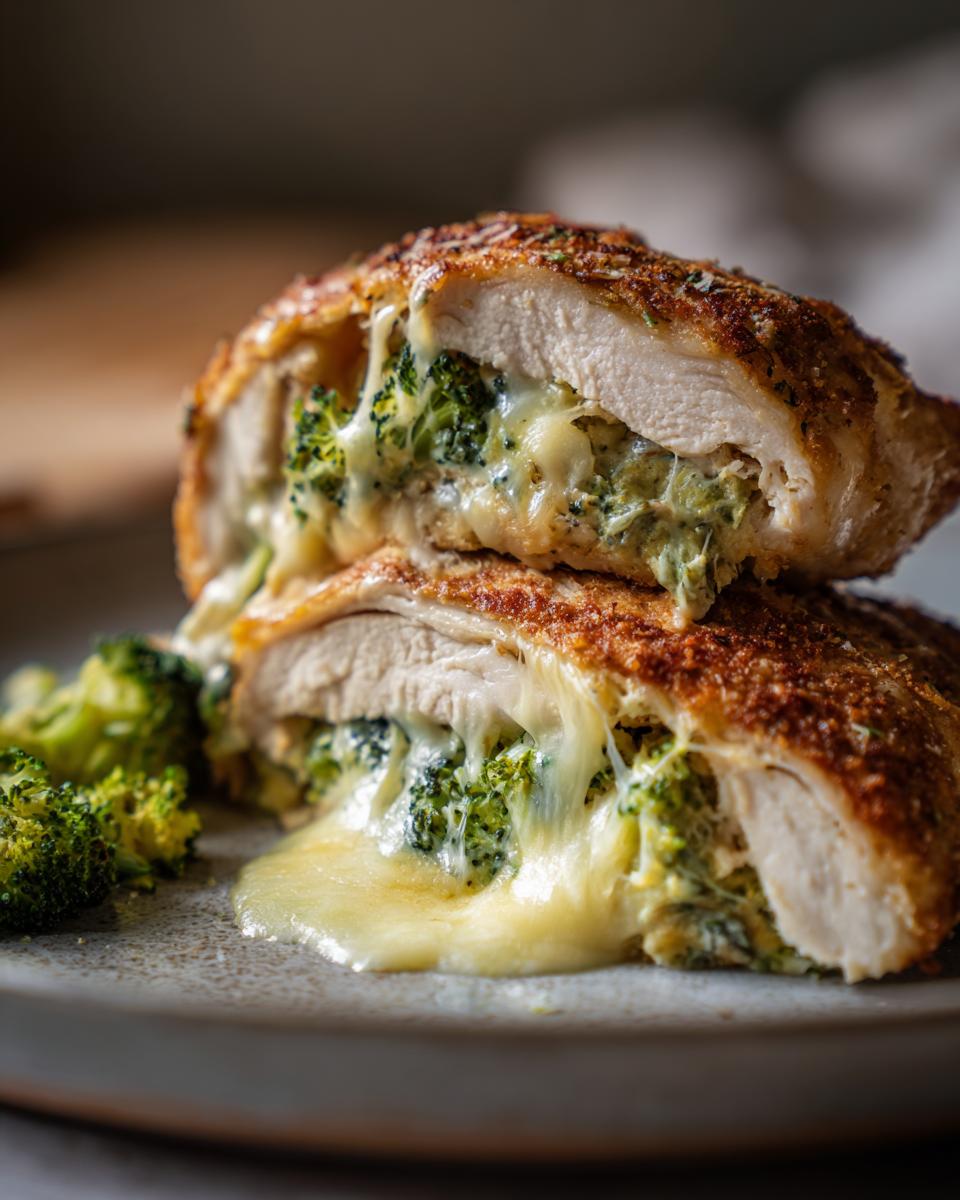 A close-up of delicious broccoli cheese stuffed chicken, showing melted cheese oozing out.