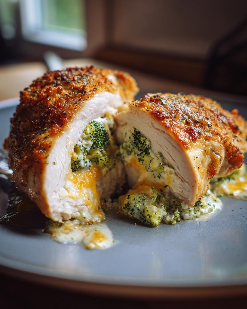 A close-up of broccoli cheese stuffed chicken, cut in half, with melted cheese oozing out.