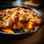 Close-up of a bubbling brown butter peach cobbler baked in a cast iron skillet, with a golden crumb topping.