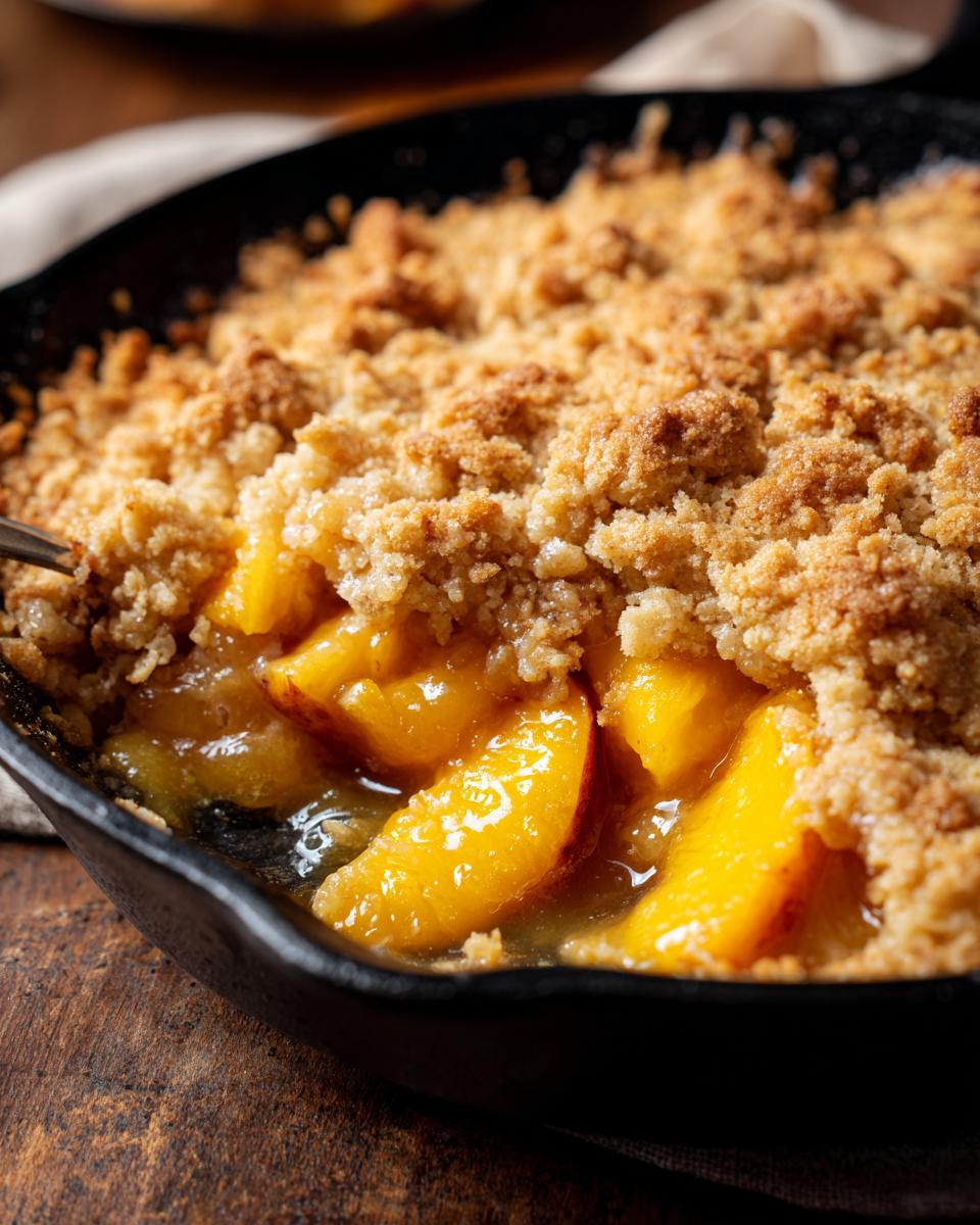 Close-up of a bubbling brown butter peach cobbler with a golden crumb topping in a cast iron skillet.