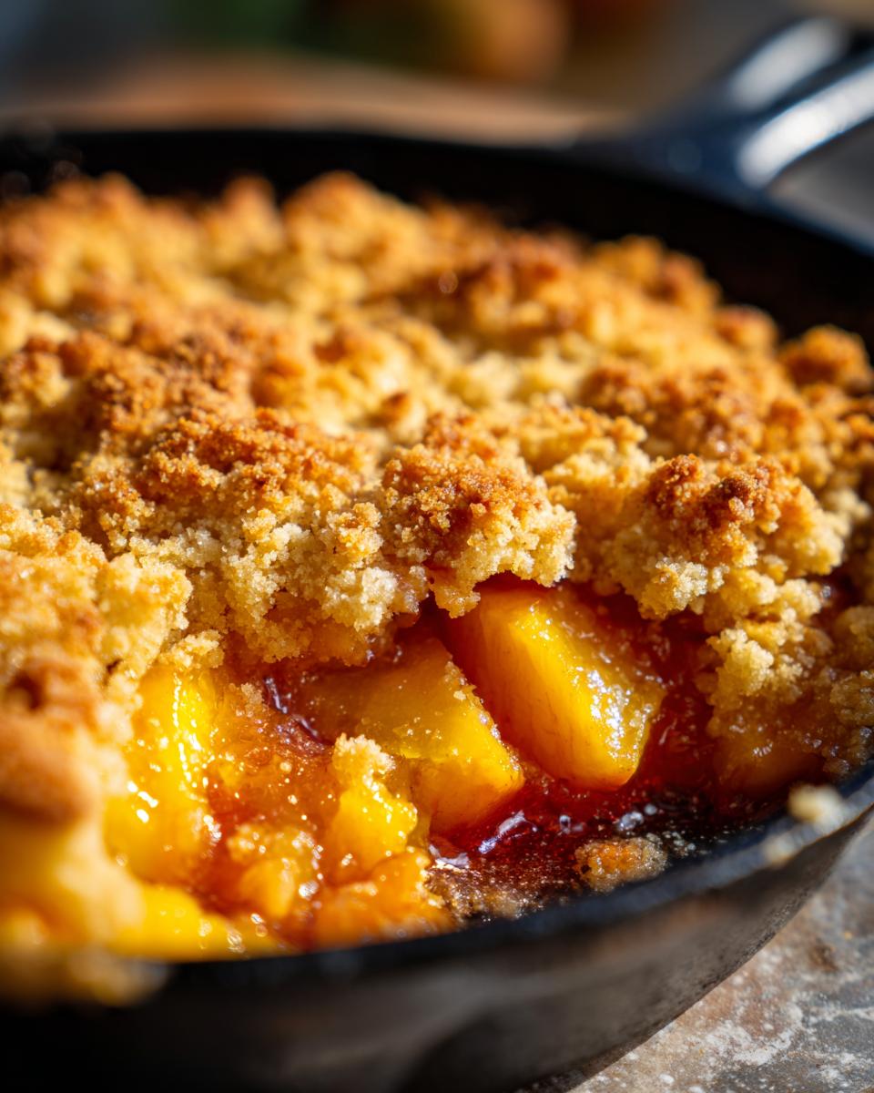 Close-up of a bubbling brown butter peach cobbler in a cast iron skillet, showing juicy peaches and a golden crumb topping.