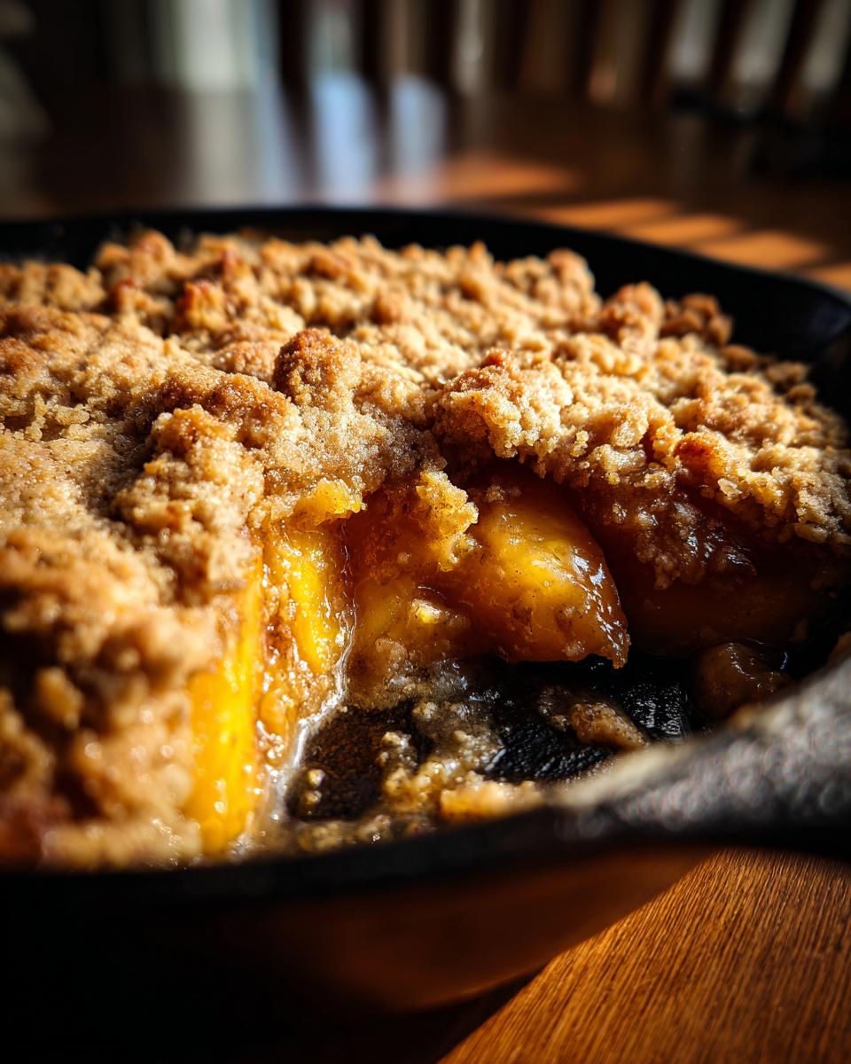 Close-up of a warm brown butter peach cobbler with a crumbly topping, served in a cast iron skillet.
