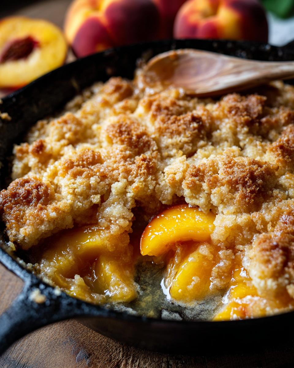 Close-up of a bubbling brown butter peach cobbler in a cast iron skillet, with a wooden spoon.