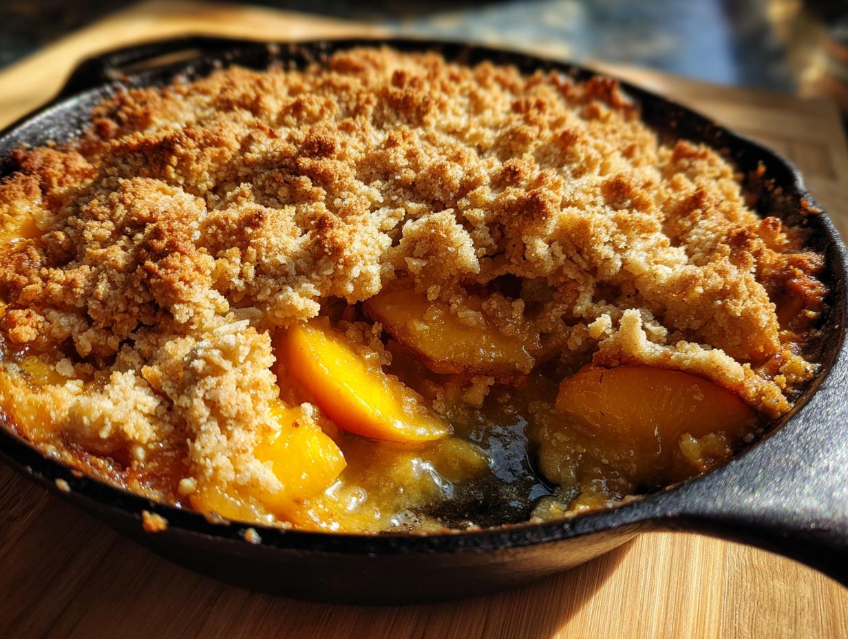 Close-up of a bubbling brown butter peach cobbler baked in a cast iron skillet, with golden brown crumble topping.