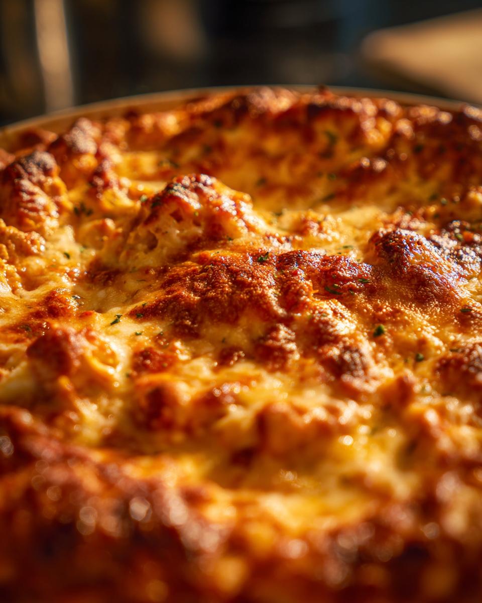 Close-up of bubbly, golden-brown baked buffalo chicken dip with visible cheese and herbs.