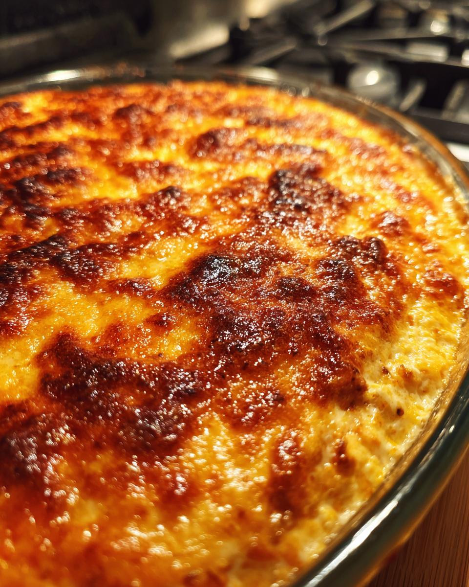 Close-up of a bubbling, golden-brown baked buffalo chicken dip in a glass dish.