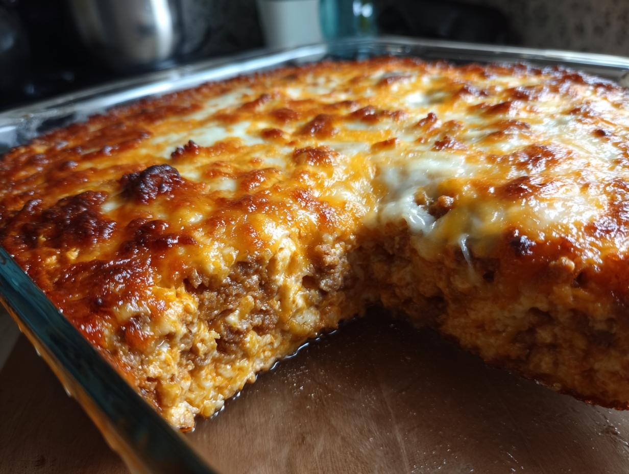 A close-up of a freshly baked buffalo chicken dip in a glass baking dish, with melted, bubbly cheese on top.