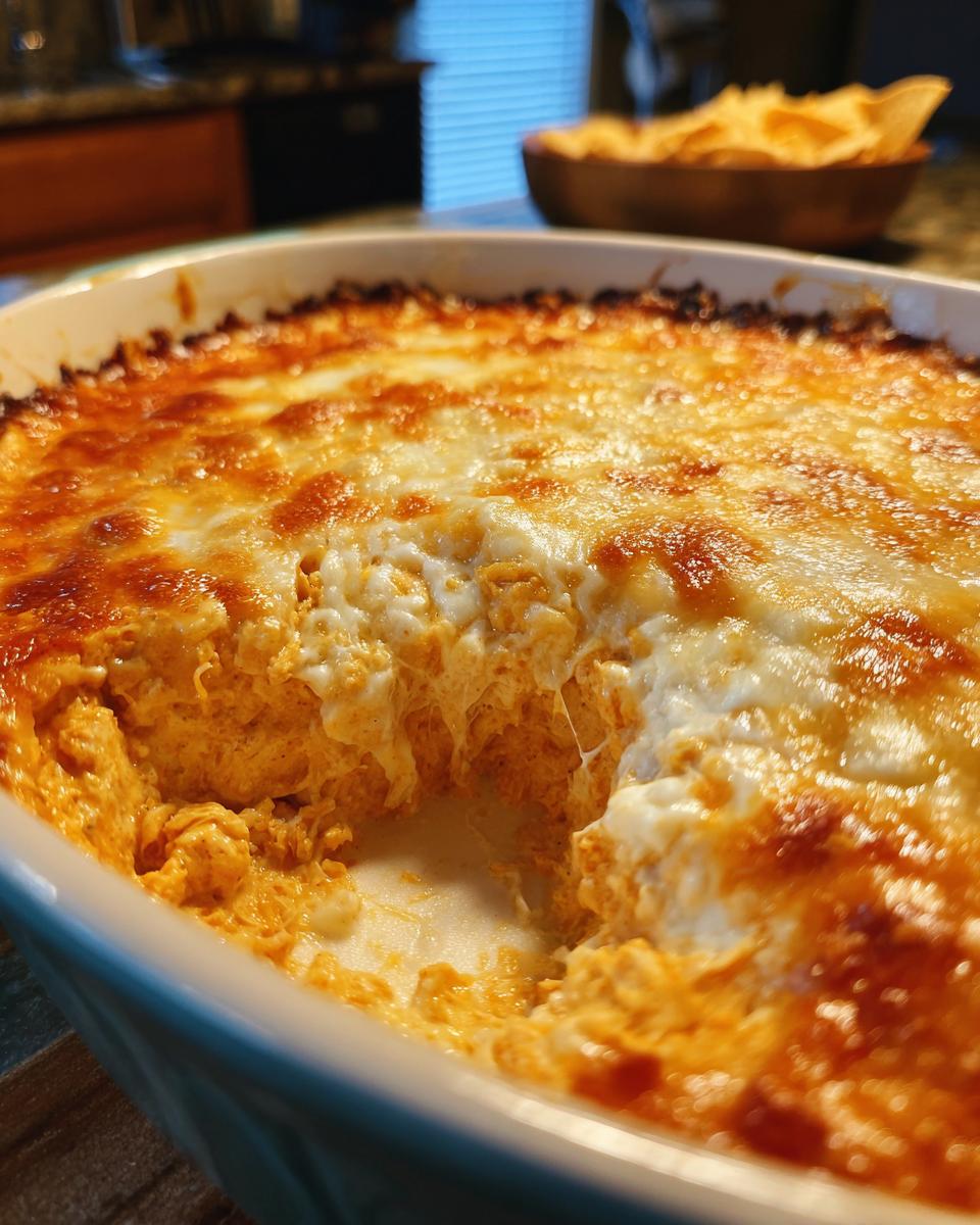 A close-up of bubbly, cheesy buffalo chicken dip in a baking dish, with a scoop removed and chips in the background.