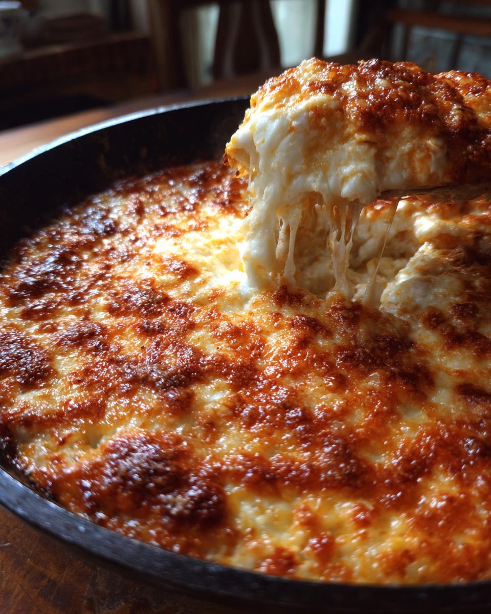 A scoop of bubbling, cheesy buffalo chicken dip being lifted from a black skillet, showing melted cheese strings.
