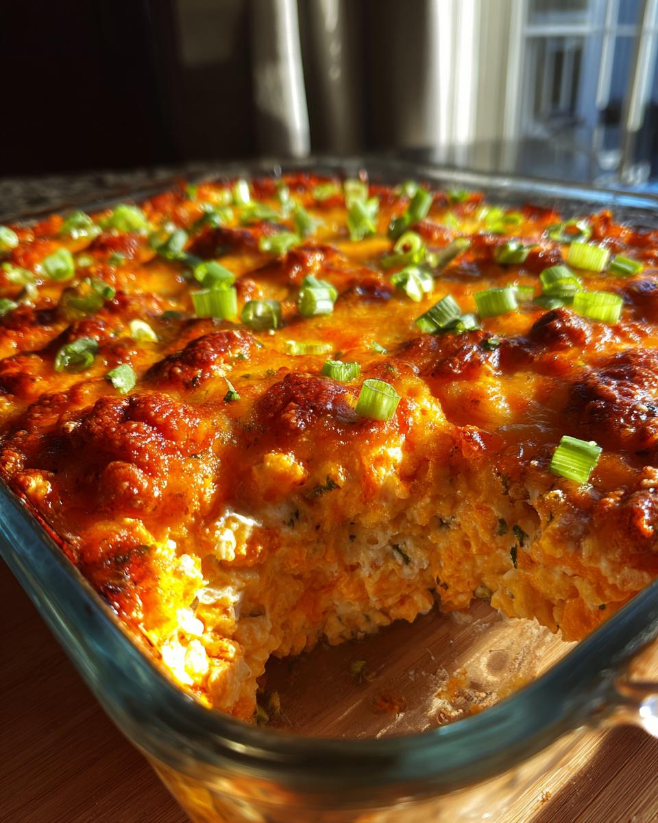 A close-up of a bubbling classic buffalo chicken dip in a glass baking dish, topped with melted cheese and green onions.