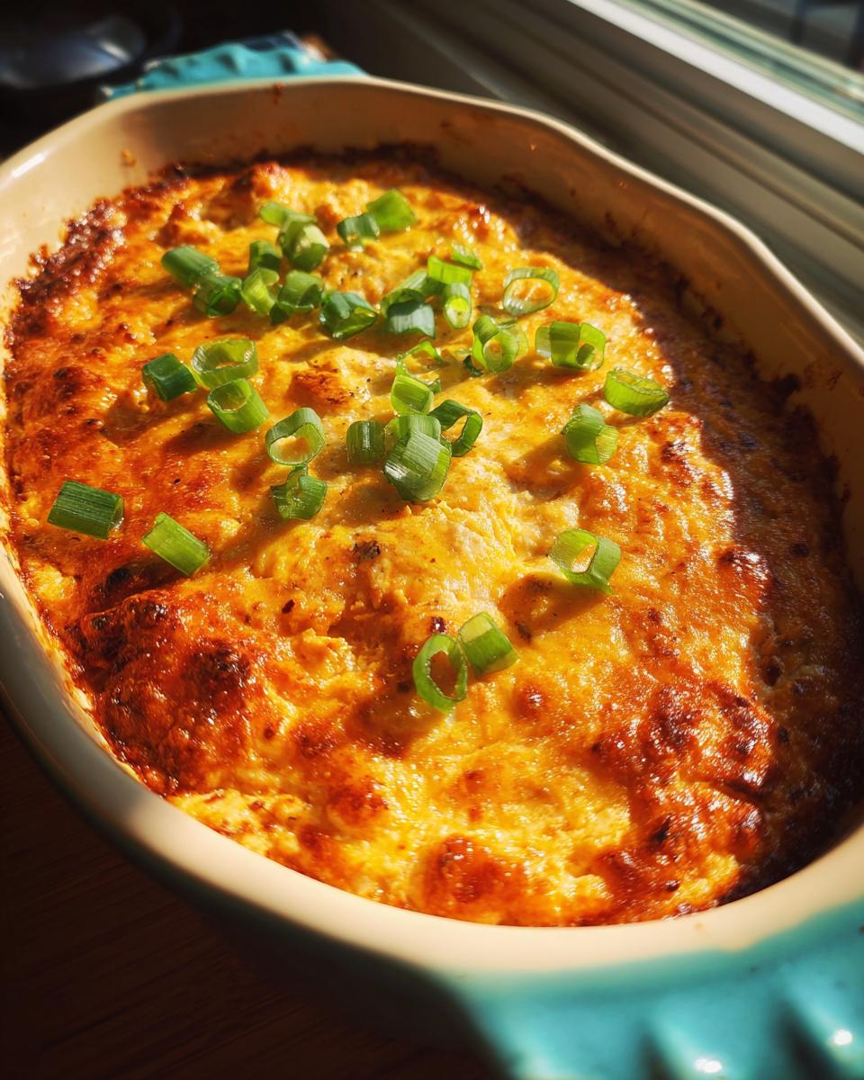 A close-up of a bubbling classic Buffalo chicken dip in a baking dish, topped with chopped green onions.