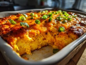 A close-up of a classic buffalo chicken dip in a white baking dish, topped with melted cheddar cheese and green onions.