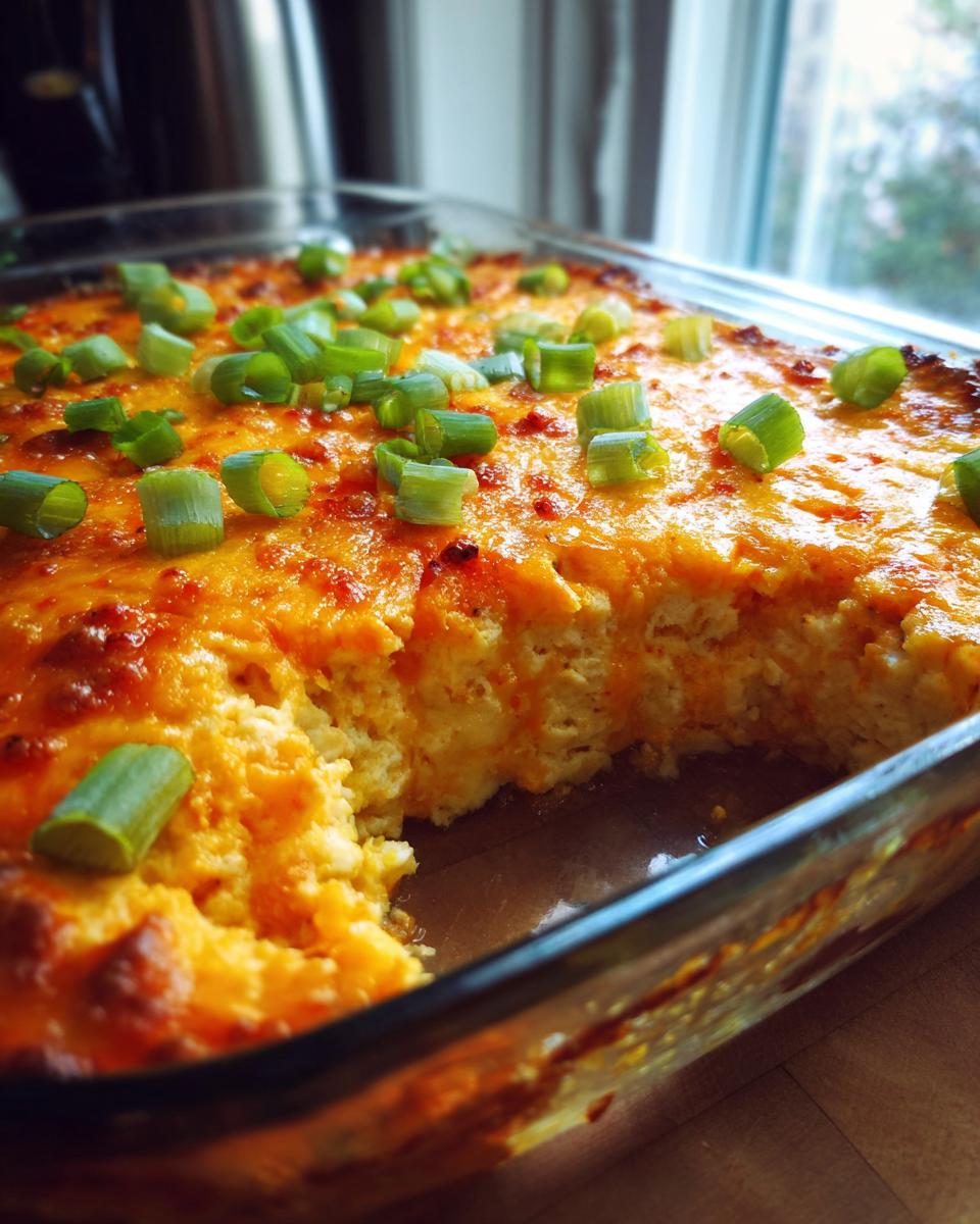 A bubbling, cheesy classic buffalo chicken dip topped with chopped green onions in a glass baking dish.