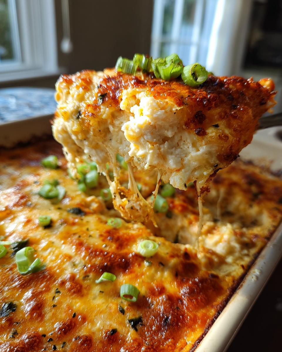 A scoop of gooey, cheesy classic Buffalo chicken dip being lifted from a baking dish, topped with green onions.