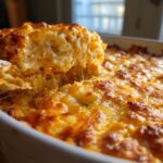 A scoop of gooey buffalo chicken dip being lifted from a baking dish, showing melted cheese.