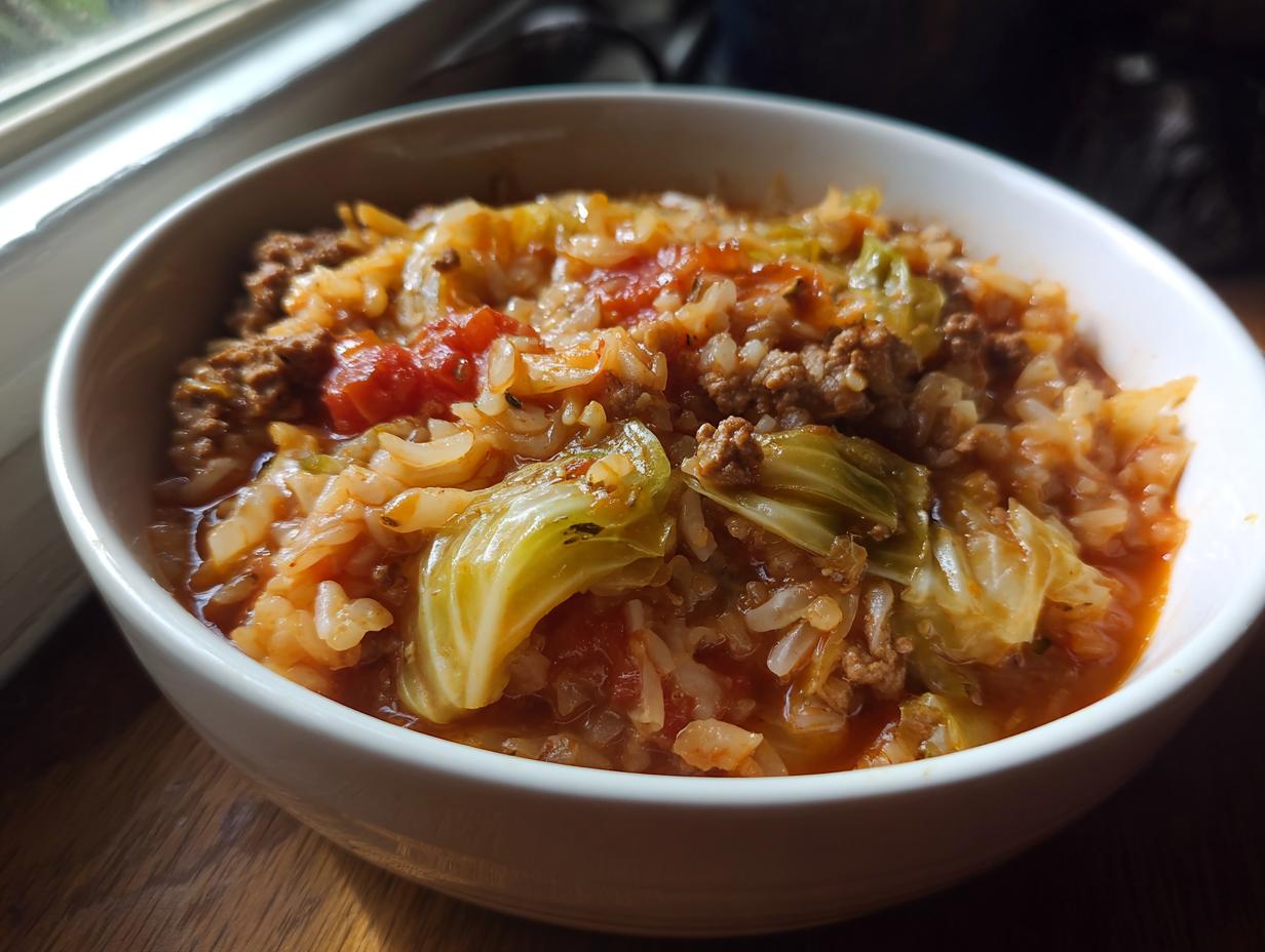 A close-up of a white bowl filled with hearty cabbage roll soup, featuring tender cabbage leaves, ground beef, rice, and tomatoes.