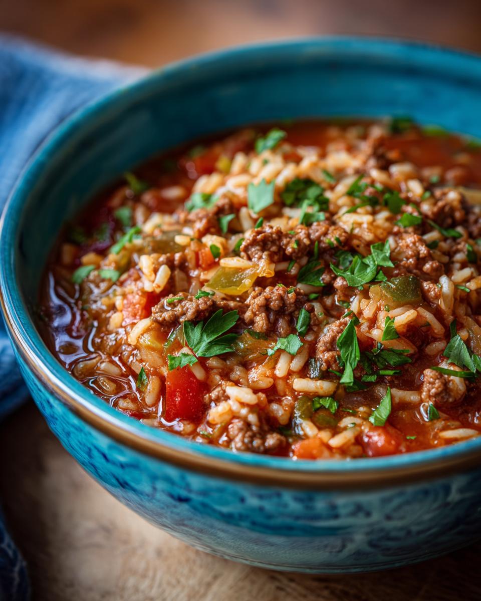 A close-up of a bowl of cabbage roll soup, featuring ground beef, rice, tomatoes, and green peppers, garnished with fresh parsley.