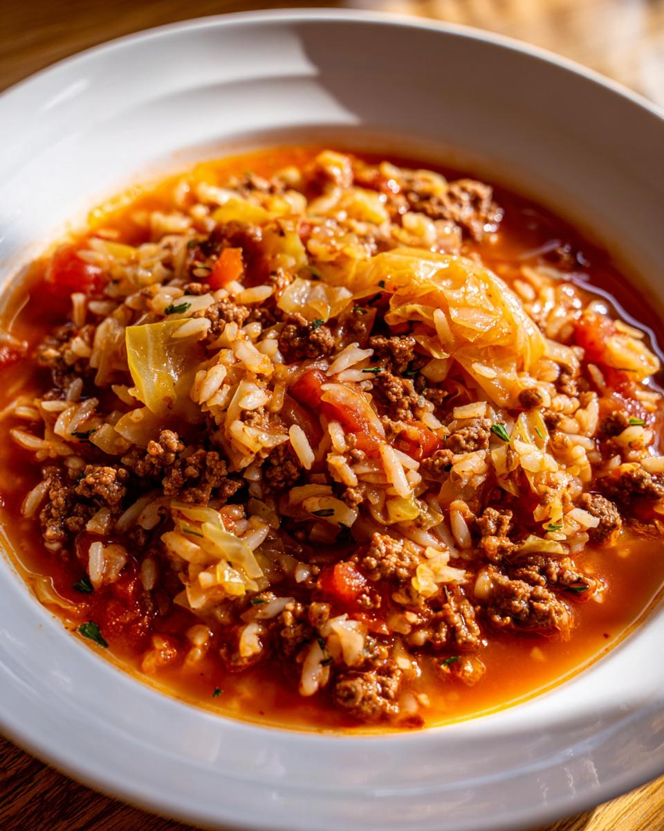 A close-up of a bowl of delicious cabbage roll soup, packed with ground beef, rice, and cabbage in a rich tomato broth.