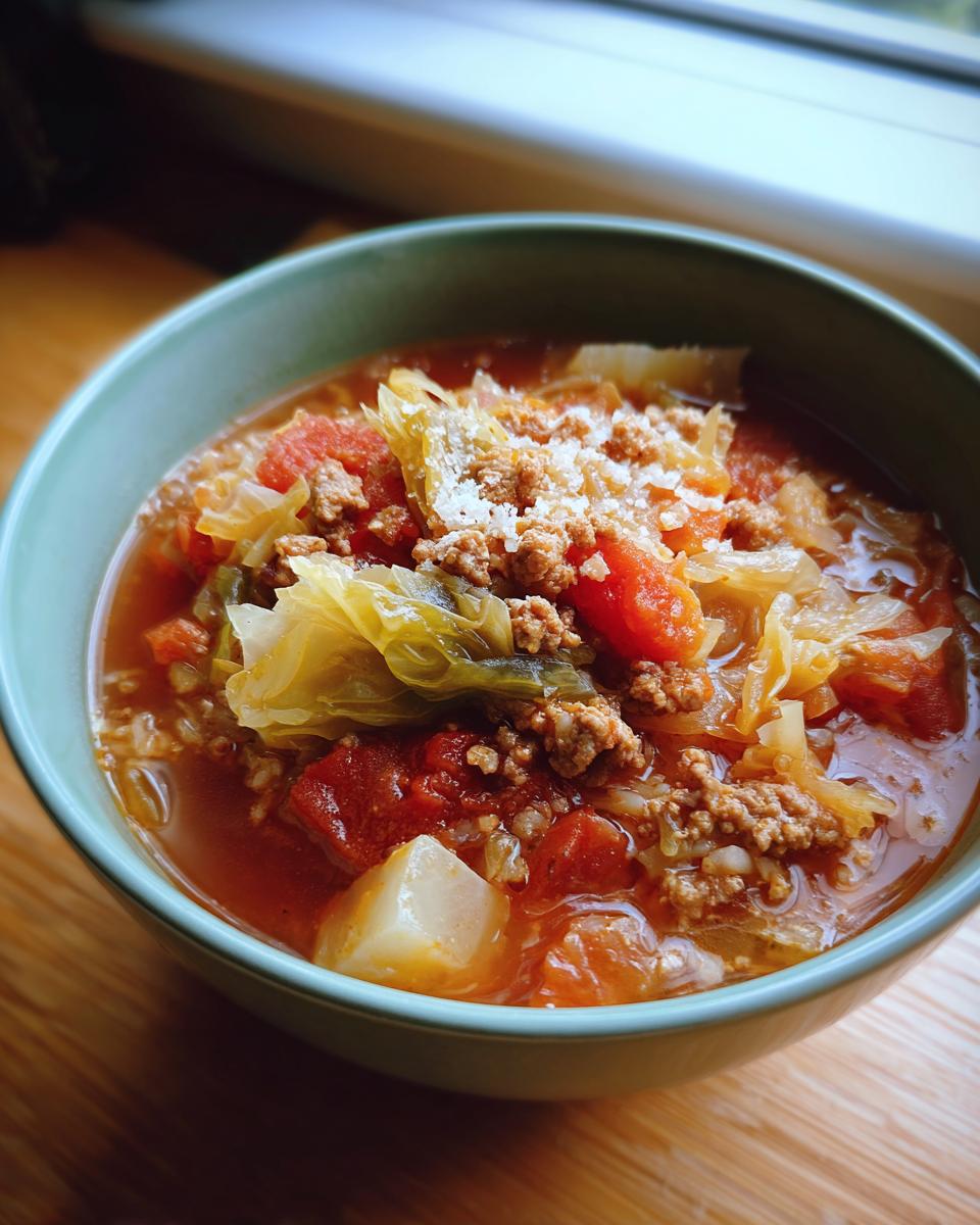 A close-up of a bowl of delicious cabbage roll soup, featuring tender cabbage leaves, ground meat, tomatoes, and potatoes, topped with grated cheese.