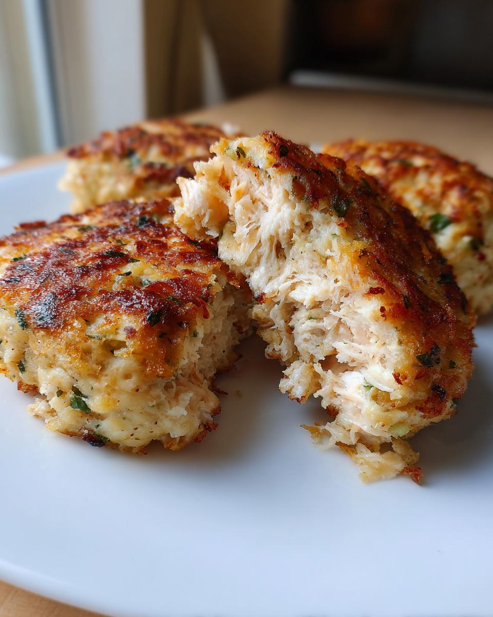Close-up of golden-brown canned salmon patties on a white plate, one patty broken open to reveal flaky salmon inside.