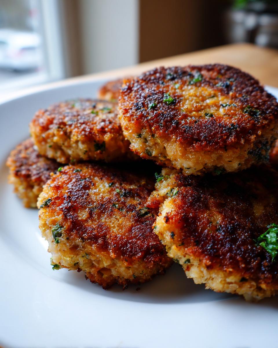 A close-up shot of a stack of golden-brown canned salmon patties, seasoned with herbs, on a white plate.