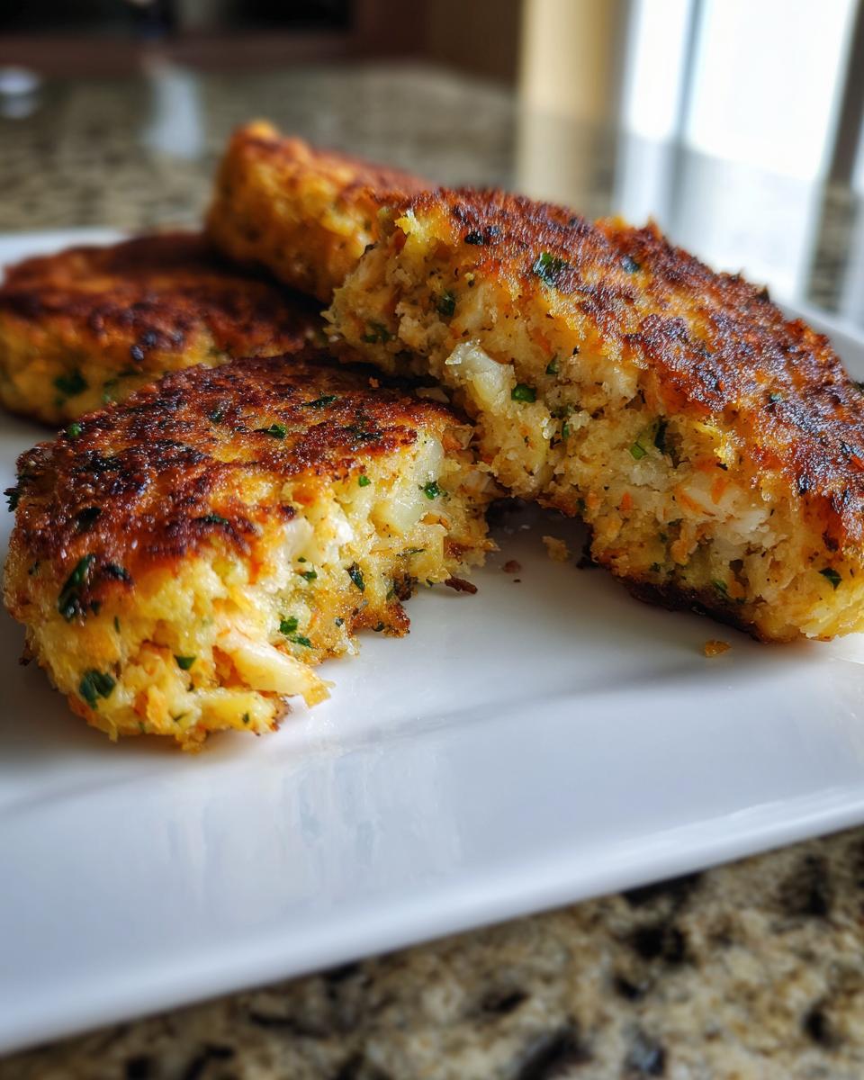 Close-up of golden-brown canned salmon patties, one broken open to show the flaky interior with herbs.
