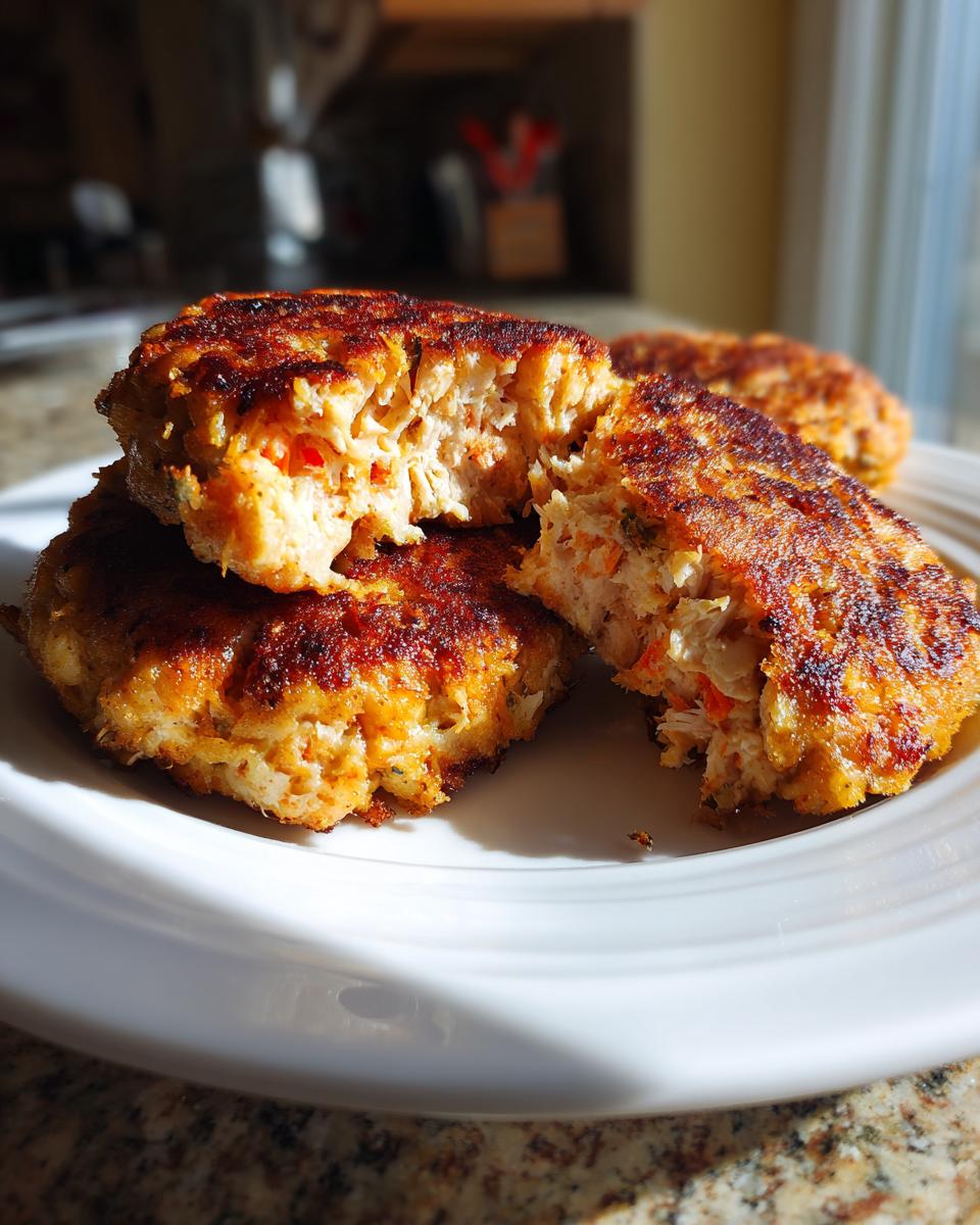 Close-up of golden-brown canned salmon patties on a white plate, one patty is broken open to show the flaky interior.