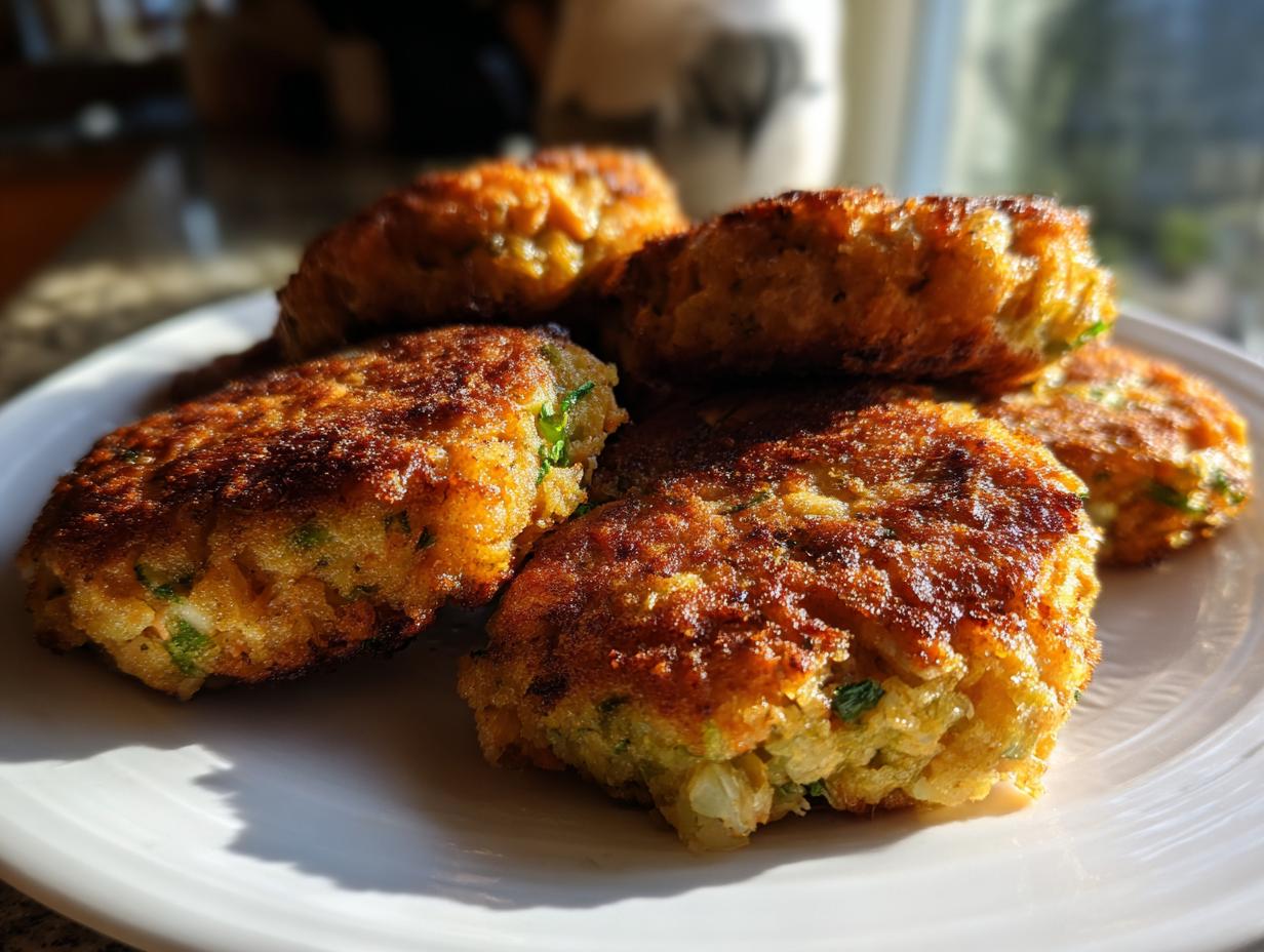 Close-up of golden brown canned salmon patties on a white plate, ready to be served.