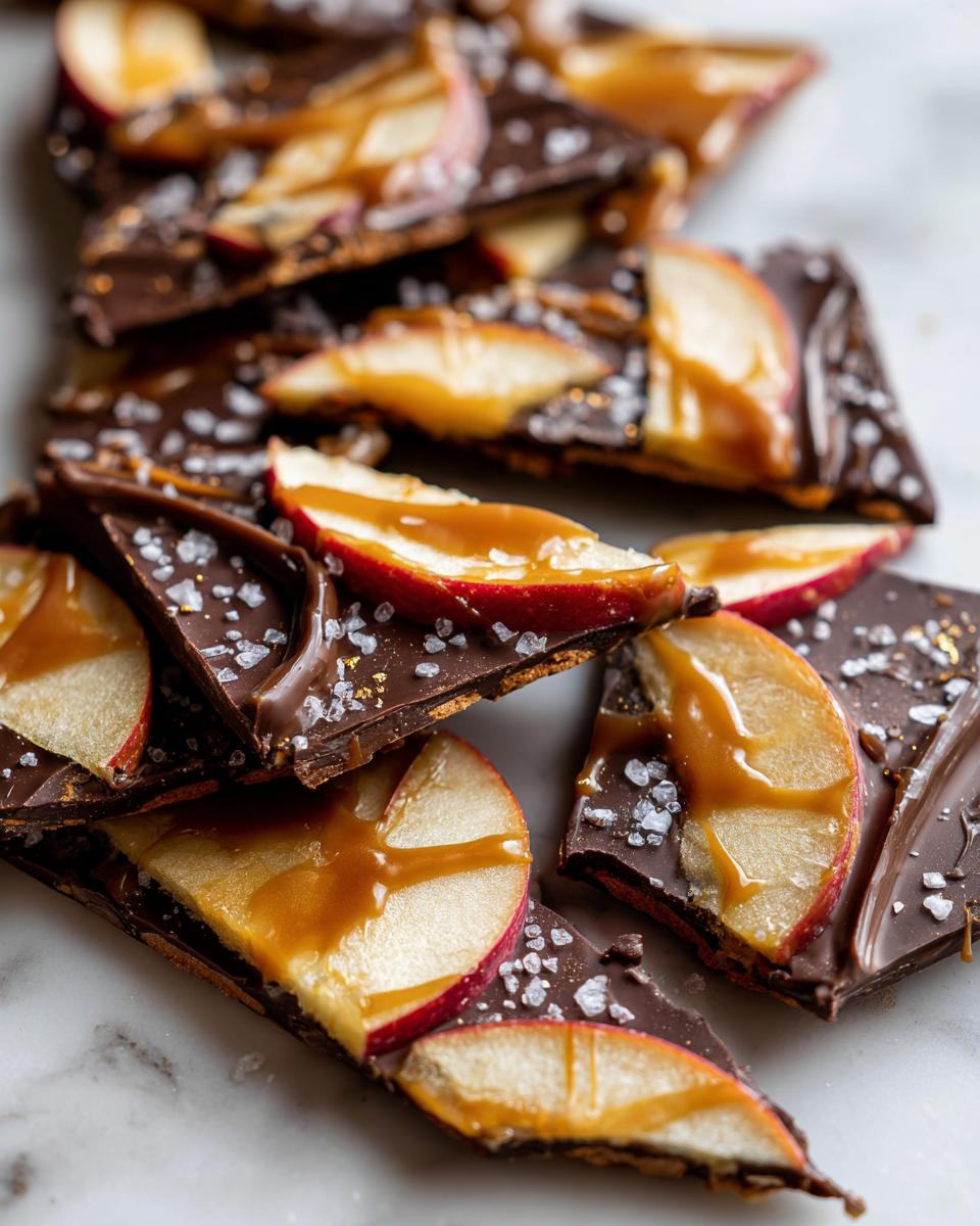 Close-up of broken pieces of dark chocolate caramel apple bark topped with fresh apple slices and sea salt.