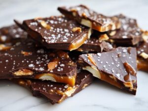 Close-up of broken pieces of easy caramel apple bark, featuring dark chocolate, gooey caramel, nuts, and sea salt.