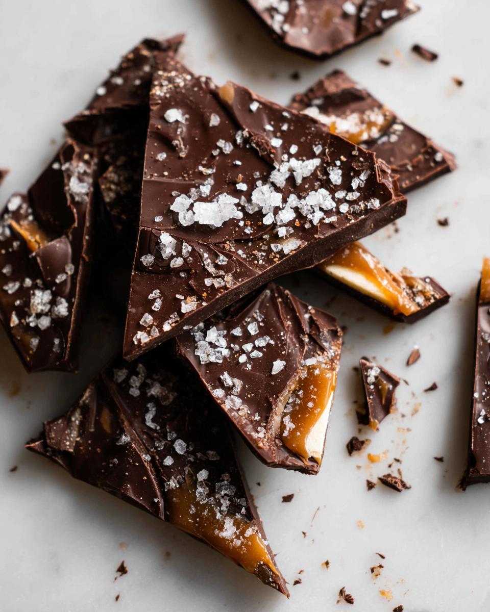 Close-up of broken pieces of dark chocolate caramel apple bark sprinkled with flaky sea salt.