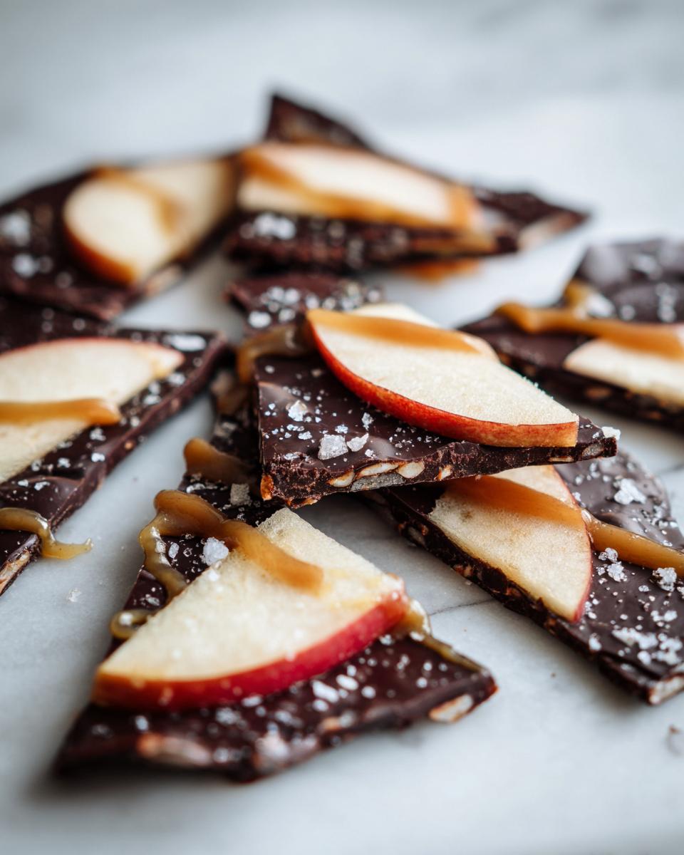 Close-up of delicious caramel apple bark pieces topped with apple slices, caramel drizzle, and sea salt.