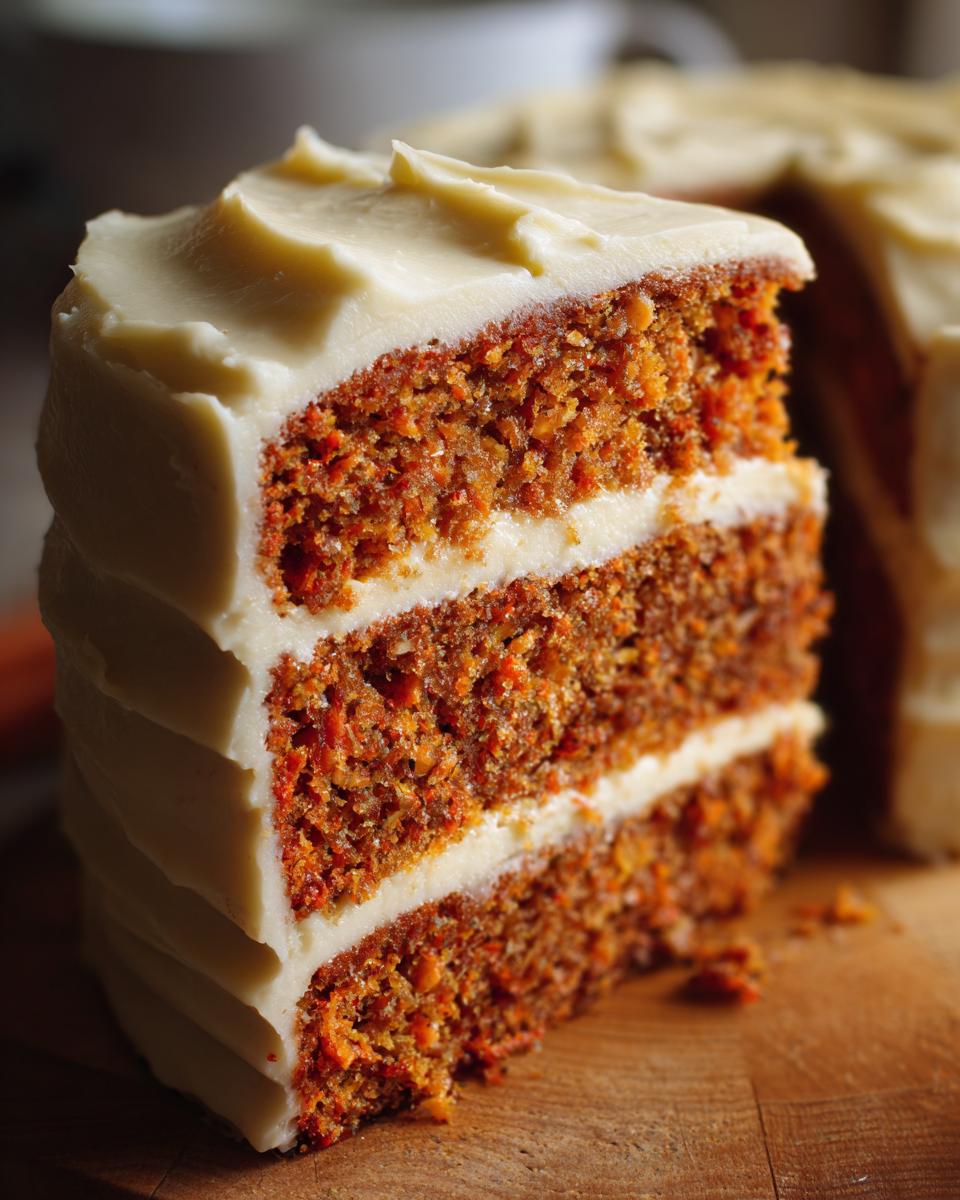 A slice of moist carrot cake with rich cream cheese frosting, showcasing three layers of cake and frosting.