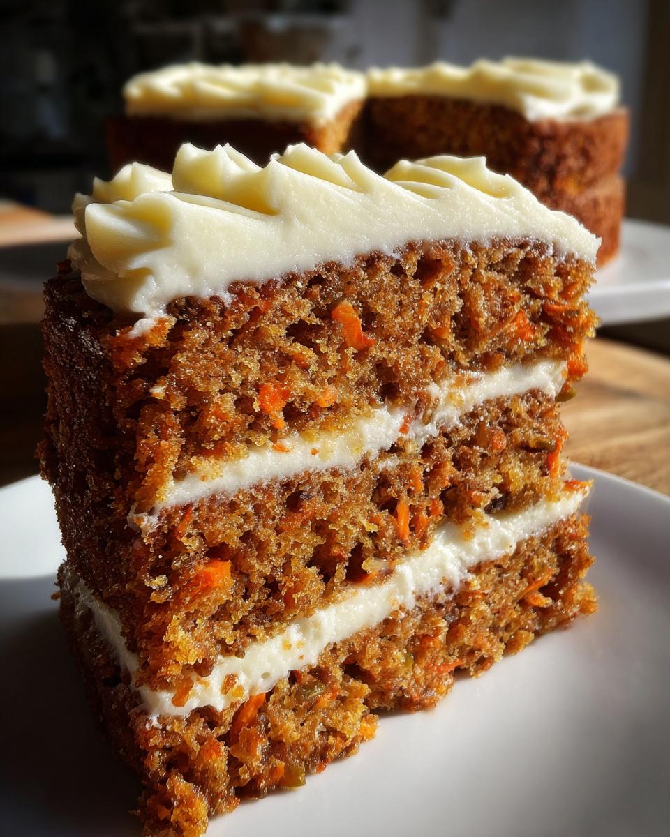 A thick slice of moist carrot cake layered with rich cream cheese frosting, topped with piped frosting.