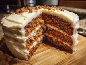 A slice of moist carrot cake with layers of cream cheese frosting and topped with chopped nuts.