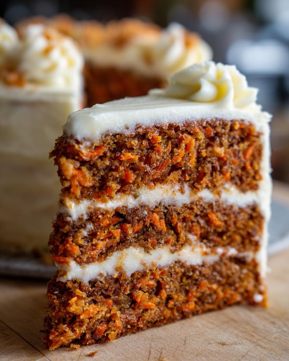 A thick slice of moist carrot cake with generous layers of cream cheese frosting.