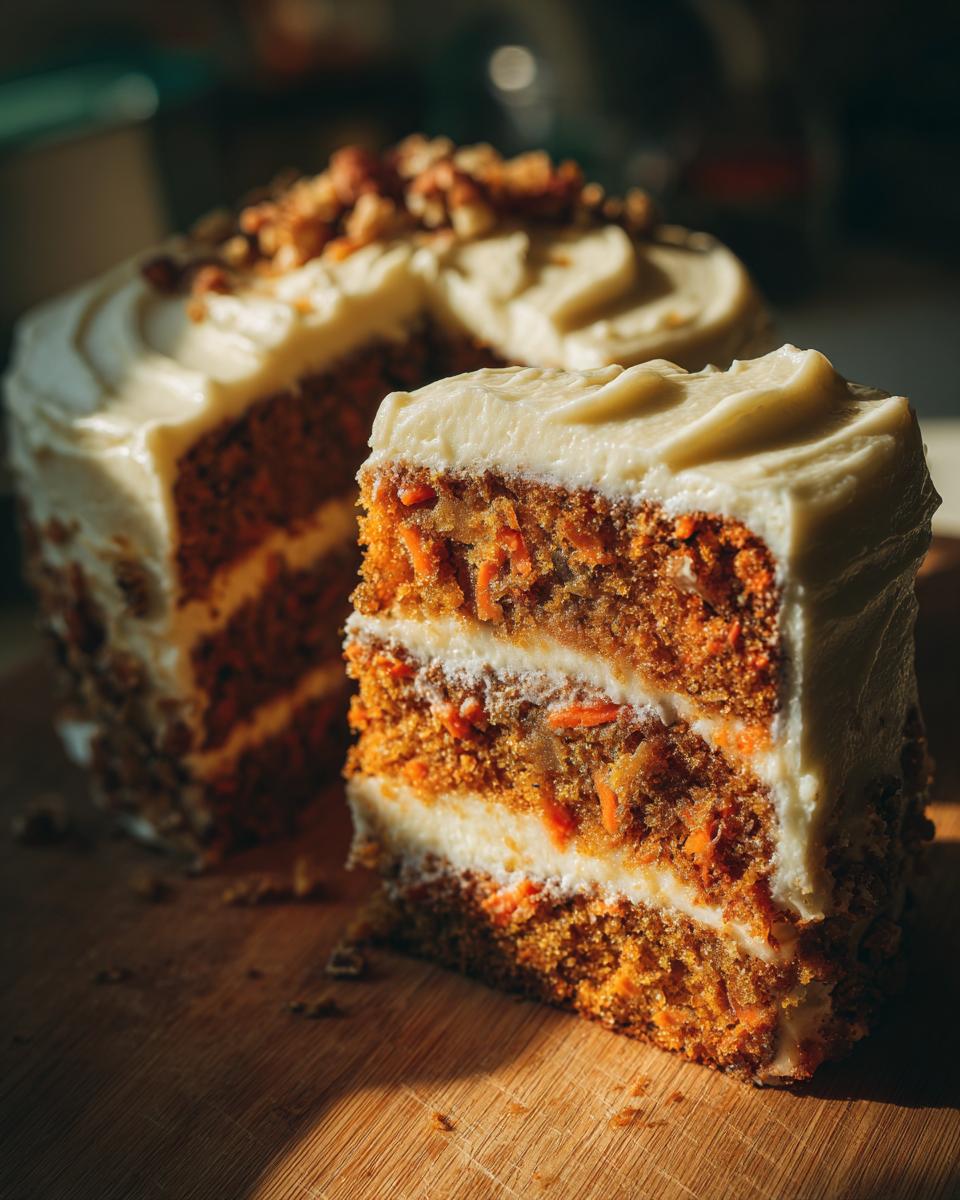 A slice of moist carrot cake with layers of cream cheese frosting and topped with chopped nuts.