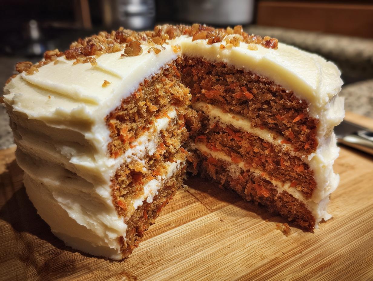 A slice of moist carrot cake with layers of cream cheese frosting and topped with chopped nuts.