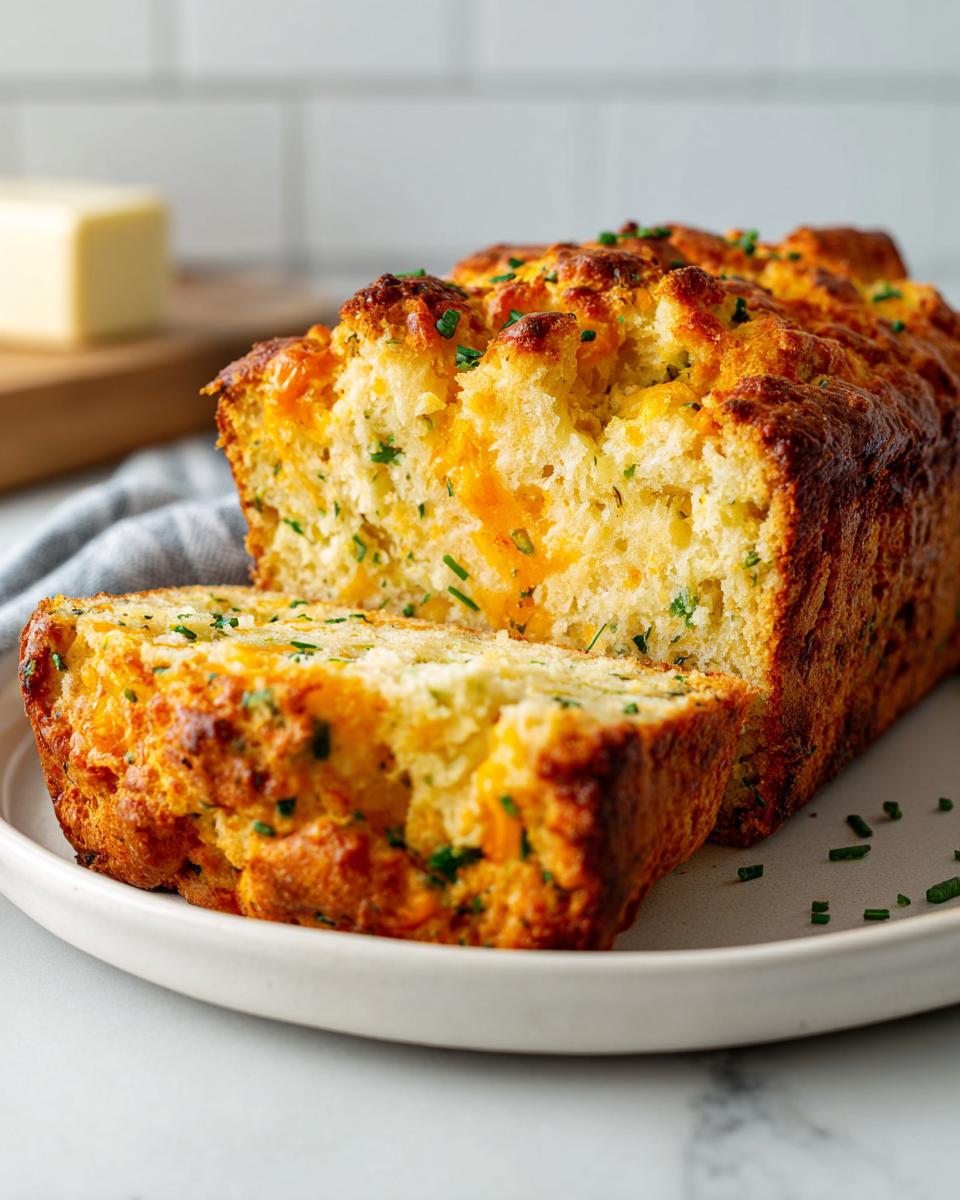 A loaf of delicious Cheddar Herb Quick Bread, partially sliced, revealing melted cheddar cheese and herbs.
