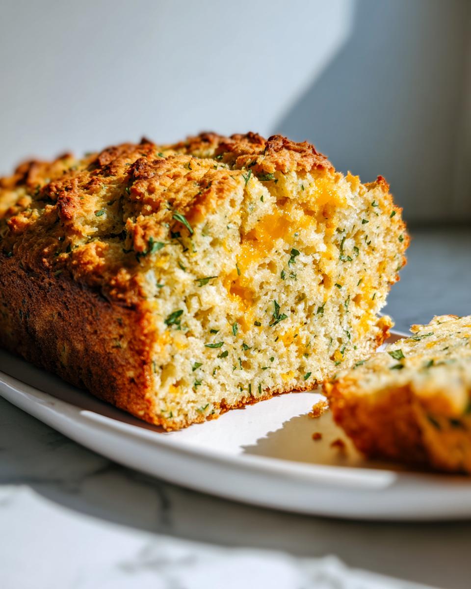 A golden-brown Cheddar Herb Quick Bread loaf with a slice cut and placed on a white plate, showing melted cheese and herbs.