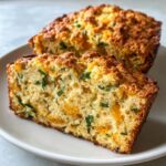 Close-up of a slice of cheddar herb quick bread, showing melted cheddar cheese and fresh herbs.
