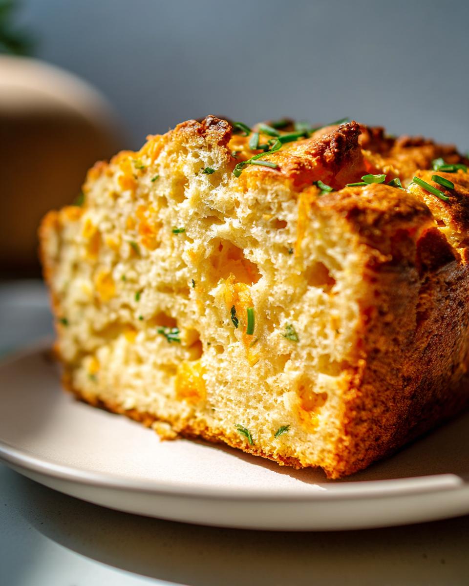 A close-up of a slice of cheddar herb quick bread on a plate, showing fluffy interior with cheese and herbs.