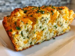 A close-up of a slice of golden-brown Cheddar Herb Quick Bread, studded with melted cheddar cheese and fresh green herbs.